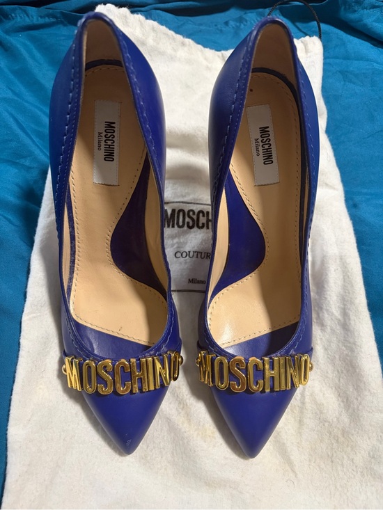 Moschino Shoes - Moschino Cobalt Pointed Toe Pumps with Gold MOSCHINO Logo
